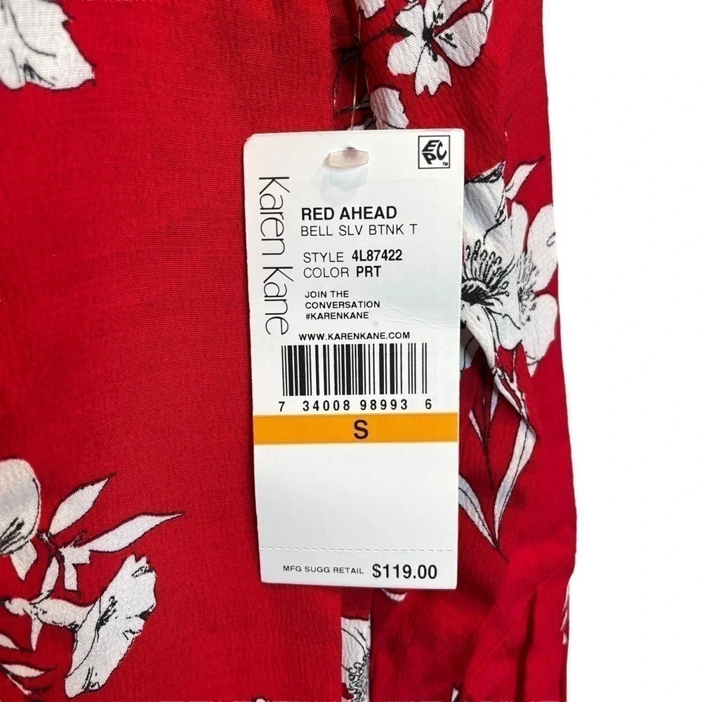 Karen Kane Printed Viscose Bell Sleeve Top in Red Ahead Small New - Picture 4 of 7